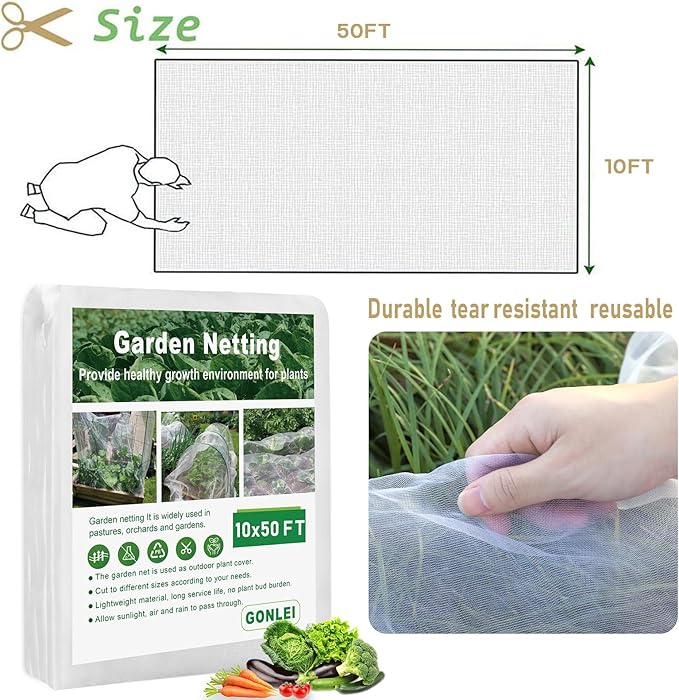 GonLei Garden Netting 10 X 50 FT Ultra Fine Netting for Garden Protection,Garden Netting for Raised Beds,Mosquito Net for Blueberry Shrubs Vegetables Fruits Flowers Crops Pest Barrier