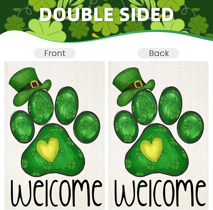 Welcome St Patricks Day Garden Flags for Outside, Irish Dog Paw with Green Hat Lucky Shamrocks Yard Decoration, Small Seasonal Outdoor Decor for Farmhouse Holiday,12x18 Inch Double Sided