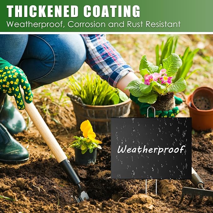 Landhoow 12 Pcs Large Garden Plant Markers Metal Plant Labels Sign 6'' x 8'' with 13'' Stake Weatherproof Waterproof Garden Sign for Outdoor Seedlings Herbs Vegetable Greenhouse, Black