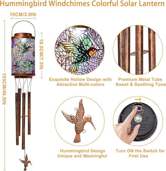 Hummingbird Solar Wind Chimes for Outside, Garden Gifts for Women,Solar Lantern Outdoor Waterproof Lights for Balcony, Porch, Backyard, Birthday Gifts for Mom Grandma Wife (1Pack)