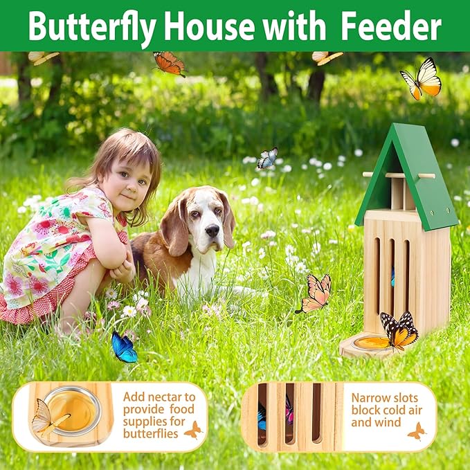 Butterfly House and Feeder with Flower Pot, Wooden Butterfly House for Garden, 3 in 1 with Drainage Holes, Natural Butterfly Habitat for Garden Decoration