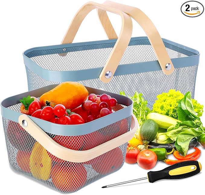 Dualshine 2 Pack Garden Harvest Basket, Metal Mesh Wire Picnic Basket with Handle, Rectangle Garden Baskets for Gathering Vegetables, Fruits, Kitchen, Home Cabinet Closet and Office(Blue)
