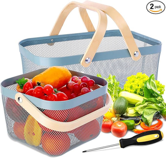 Dualshine 2 Pack Garden Harvest Basket, Metal Mesh Wire Picnic Basket with Handle, Rectangle Garden Baskets for Gathering Vegetables, Fruits, Kitchen, Home Cabinet Closet and Office(Blue)