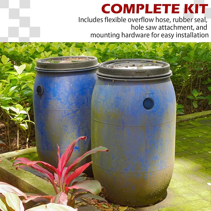 Rainwater bucket hose connector kit connects 2 rainwater buckets to store more rainwater for outdoor activities in the home garden, with hole saw and gasket