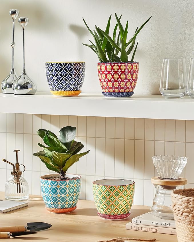Ceramic Plant Pots, 4.9 Inch Flower Pots with Drainage Hole & Saucer, Colorful Planter Pots for Houseplants, Succulent, Catus, Home Decor, Set of 4, Vibrant Colors