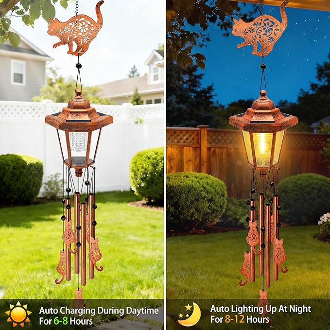 Large Solar Cat Wind Chimes with Wind Catcher/Solar Decor Light to Create a Zen Atmosphere Suitable for Outdoor, Garden, Patio Decor Classic Bronze Wind Chimes as A Sympathy/Memorial Gift for Unisex