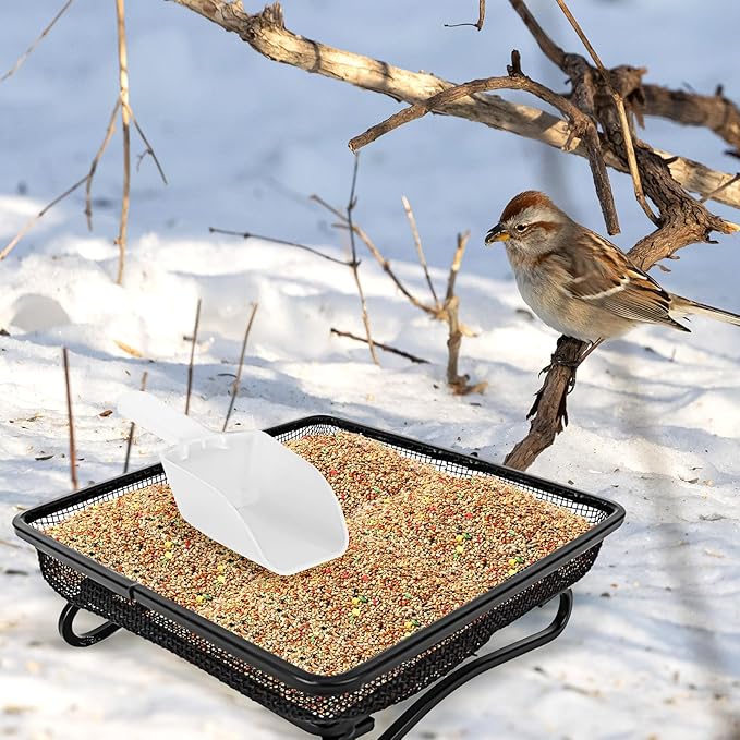 3 Pcs Platform Bird Feeder with Scoop, 6.7 x 6.7 x 2.2 in Ground Bird Feeder Tray Metal Square Squirrel Feeders Rust Resistant Mesh Seed Tray for Outside Wild Birds Dove
