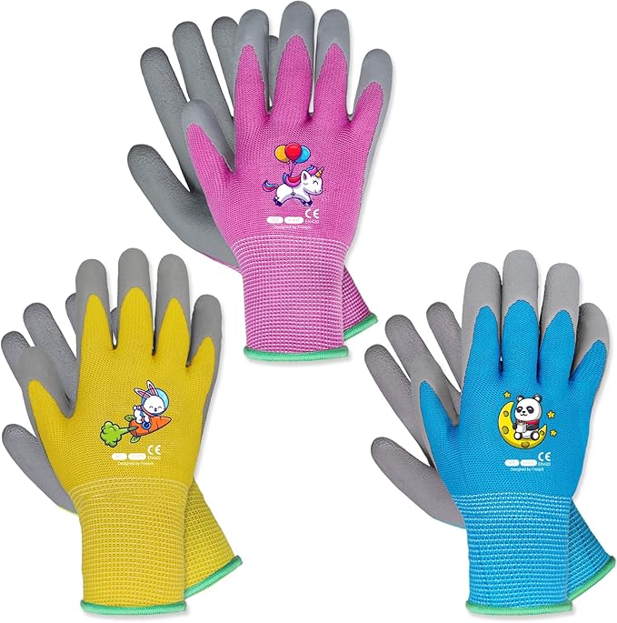 Ages 3-5 Kids Gardening Gloves,Yard Work Gloves for Toddlers, Youth, Girls, Boys, Childrens, Soft Safety Rubber Glove (XXXS Age 3-5, 3 Pairs Yellow, Light Blue & Pink)