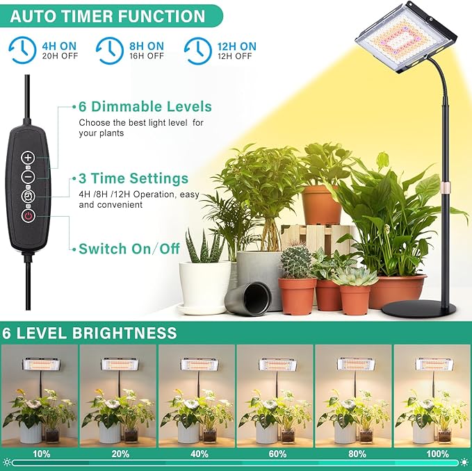 LBW Grow Light for Indoor Plants, 96 LED Full Spectrum Plant Light for Indoor Plants, Large Desk Grow Lamp with 4H/8H/12H Timer, 6-Level Brightness, Height Adjustable, Flexible Gooseneck
