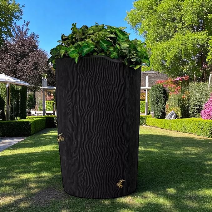 Decorative Rain Barrel with Wood Grain Texture, 90 Gallon Capacity,You can Plant an Array of Floral Arrangements, or Even a Small herb or Vegetable Garden. (Black, 90 Gallon)