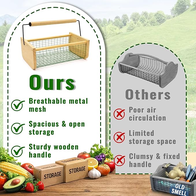Garden Hod Harvest Basket, 16 x 10 x 7in Gardening Harvest Baskets with Wood Handle, Solid Wood with PVC Wire Mesh, Garden Baskets for Gathering Vegetables