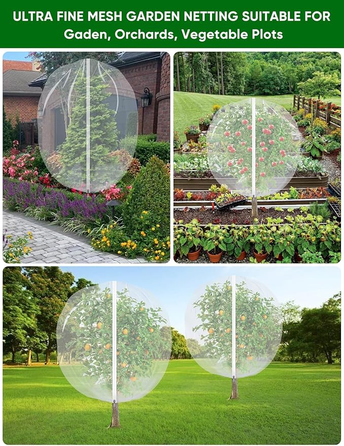 Fruit Tree Netting for Cicadas - with Zipper 2 Pcs 6 x 5.3FT Garden Bird Netting for Blueberry Bushes with Drawstring,Insect Plant Protection Mesh Net Bags for Tomato,Cicada,Animals (2, 5.3 x 6 FT)