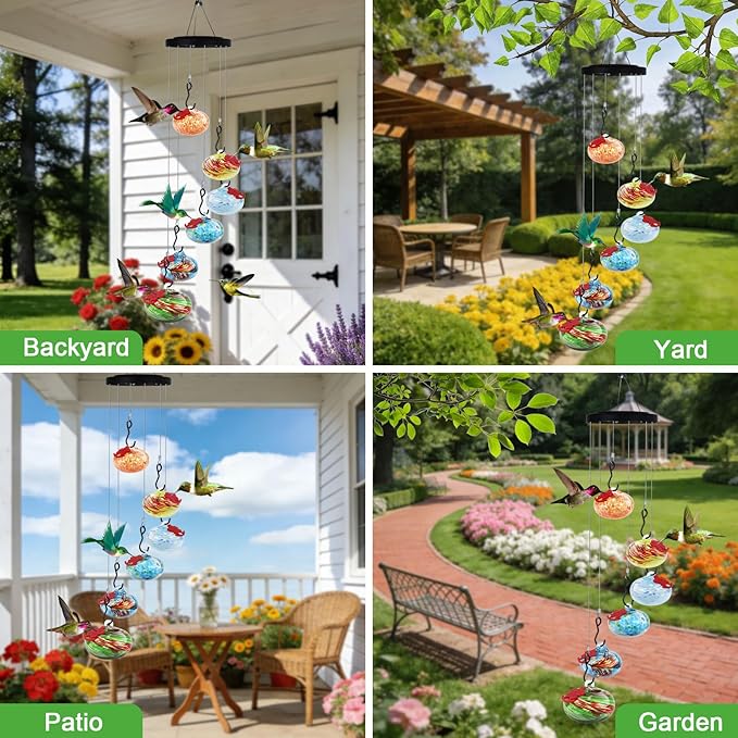 Glass Hummingbird Feeder Wind Chimes for Outdoors Hanging, Hand Blown Glass with 6 Glass Balls, Leak-Proof & Bee Proof for Outdoor Garden Decor for Bird Lovers