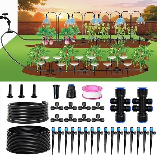 36FT Drip Irrigation System Kit, Garden Watering System Drip Irrigation Kit with Quick-Connect 1/2'' & 1/4'' Tubing, Adjustable Drippers & Sprayers, Irrigation System for Garden, Lawn, Greenhouse