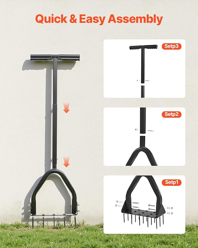 VEVOR Lawn Aerator, 9.2 in Manual Core Aerator Tool with 15 Iron Spikes, Long Handle & Wide Plate, Heavy Duty Grass Aeration Tool, Yard Aerators for Compacted Hardened Soil Lawn Aeration
