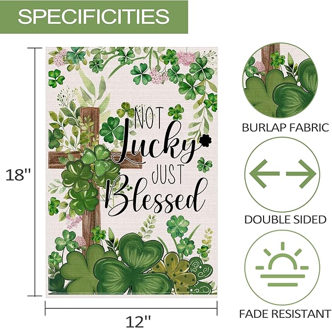 St Patricks Day Garden Flag 12x18 Inch Double Sided Outside, Not Lucky Just Blessed Shamrocks Clovers Cross Burlap Flag Decorations Outdoor Yard Decor