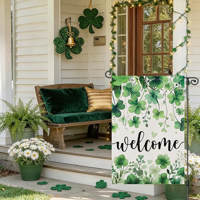 Louise Maelys St Patrick's Day Garden Flag Shamrock Clover Welcome 12x18 Inch Double Sided Small Burlap Love Heart Saint Patricks Spring Holiday Yard Outdoor Sign Outside House Decor