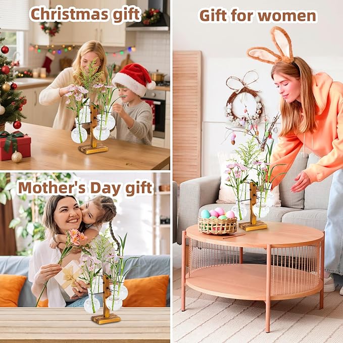 Plant Propagation Station with Acacia Wood Stand and 4 Glass Vases, Stylish Propagation Vases for Plants, Home & Garden Décor – Ideal Gift for Plant Lovers & Gardening Enthusiasts