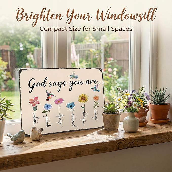 Funnysign Christian Gifts Gardening Gifts Garden Bible Verse Decor Bird Flowers God Says You Are Amazing Vintage Tin Sign for Home Garden Patio Yard Decor 8 X 12 Inch (3850)