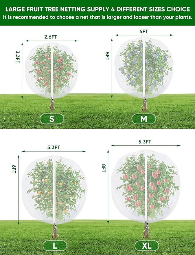 Fruit Tree Netting for Cicadas - with Zipper 2 Pcs 6 x 5.3FT Garden Bird Netting for Blueberry Bushes with Drawstring,Insect Plant Protection Mesh Net Bags for Tomato,Cicada,Animals (2, 5.3 x 6 FT)