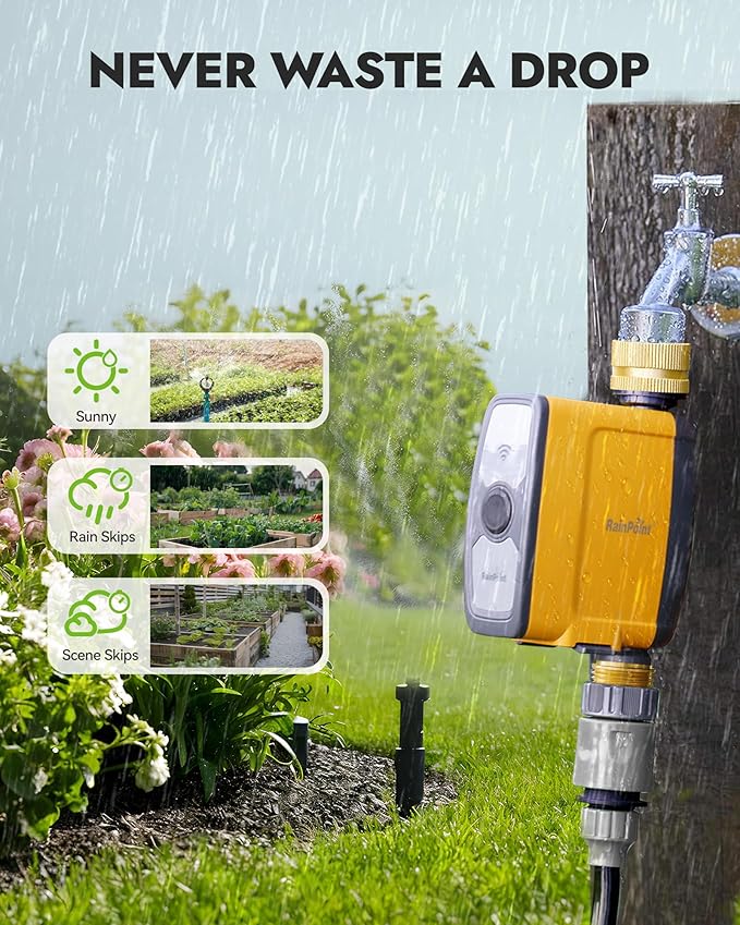 RAINPOINT WiFi Water Timer, Smart Hose Timer for Garden Hose, WiFi Irrigation Controller, Smart Sprinkler System Valve, APP & Voice Control, Weather-Based Automatic Rain Delay, Brass Inlet & Outlet