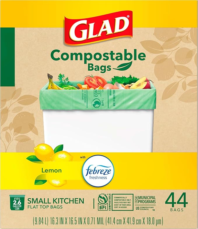 Glad Trash Bags, Kitchen Compost Bags 2.6 Gallon Garbage Bags, 100% Compostable Bag, Febreze Lemon, 44 Count (Package May Vary), Light Yellow
