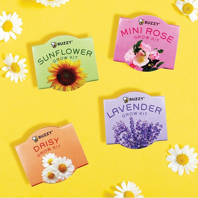 BUZZY Seeds Terracotta Mini Grow Pots, Flower Starter Kit, Assorted 12-Pack, Bright Series Collection Daisy, Lavender, Mini Rose, Sunflower Seeds, Gardening Gift, Party Favors, Weddings, Showers