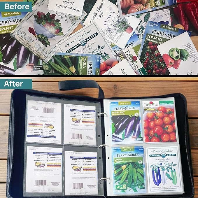 Zippered Seed Storage Organizer Binder with Handle, Gardening Seed Saving Kit, Holds 120+ Seed Envelopes, Fit Flower, Plant and Vegetable for Seed Packets