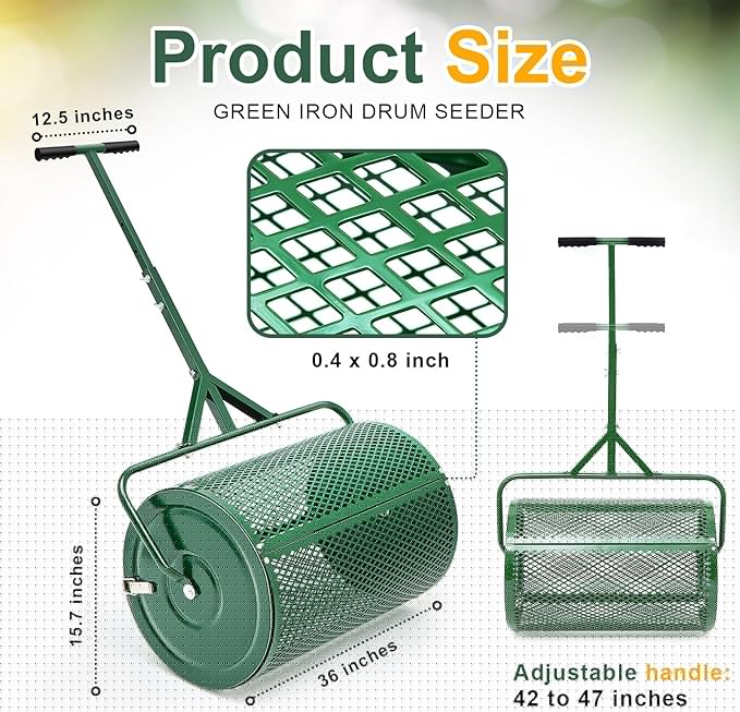 Hiboom 36 Inch Compost Spreader, Peat Moss Spreader, Manure Roller with Adjustable T Shaped Handle, Lightweight Metal Mesh for Lawn Garden Spreading Manure Topsoil (Green)