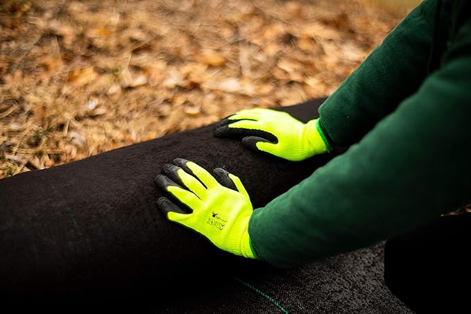 G & F 1516 12 Pairs Pack Premium High Visibility Work and gardening Gloves for Men and Women. MicroFoam Textured Coated Palm and Fingers Gloves for Gardening Work, Size Small, Green