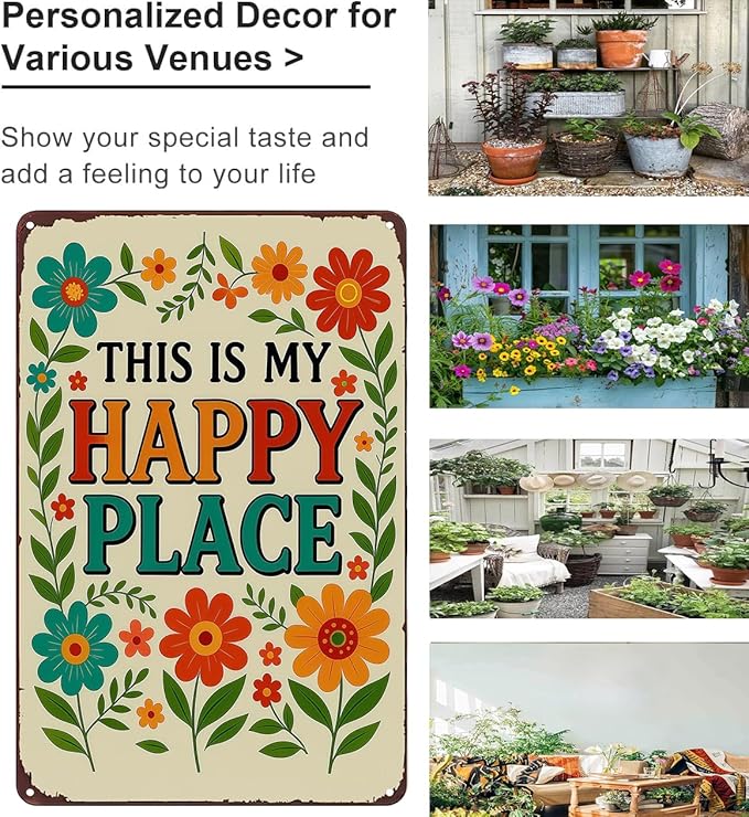 Funnysign Garden Gifts This Is My Happy Place Vintage Tin Sign for Home Garden Patio Yard Decor 8 X 12 Inch(3981)