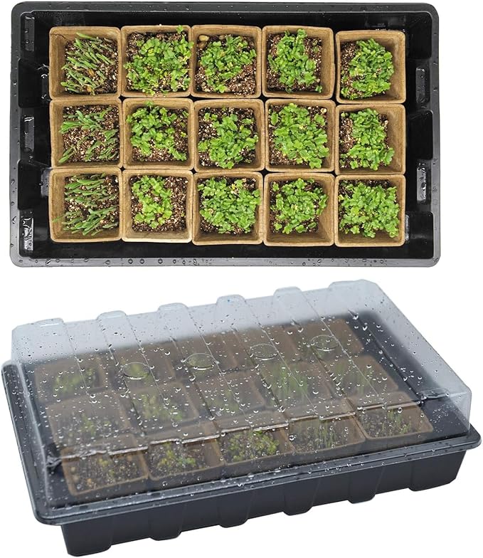 Seed Starter Kit with 100 Peat Pots for Seedlings Seed Starter Tray, 5 Plastic Growing Trays with Water Strainer & Adjustable Humidity Dome Outdoor or Indoor Herb Garden Nursery
