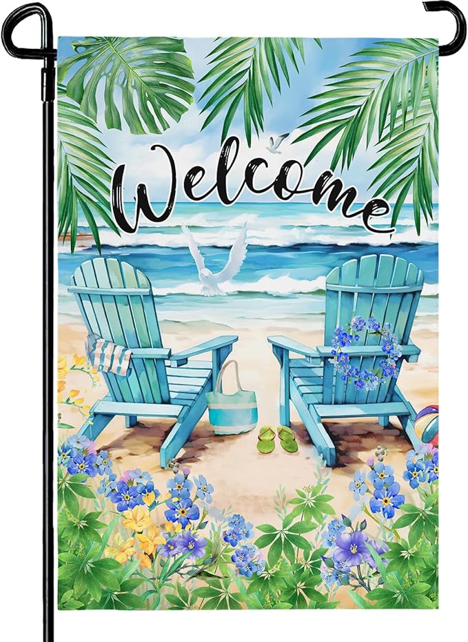Summer Beach Welcome Garden Flag Nautical Hawaii Coconut Tree Garden Flags Double Sided 12 x 18 Coastal Tropical Yard Flags for Outside Palm Flowers Small Flag Outdoor Decor