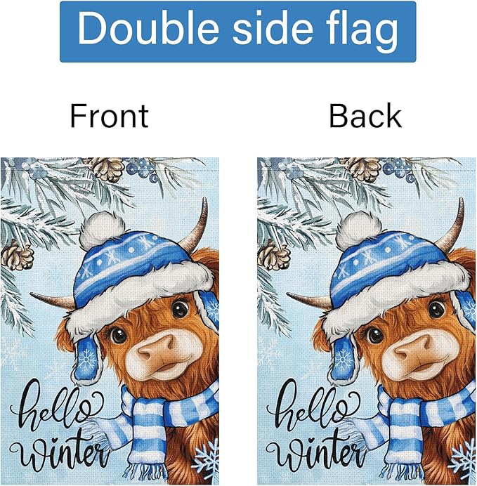 Louise Maelys Hello Winter Garden Flag Highland Cow Snowy 12x18 Inch Double Sided Welcome Christmas Xmas Tree Holiday Seasonal Small Burlap Yard Sign Outdoor House Decor