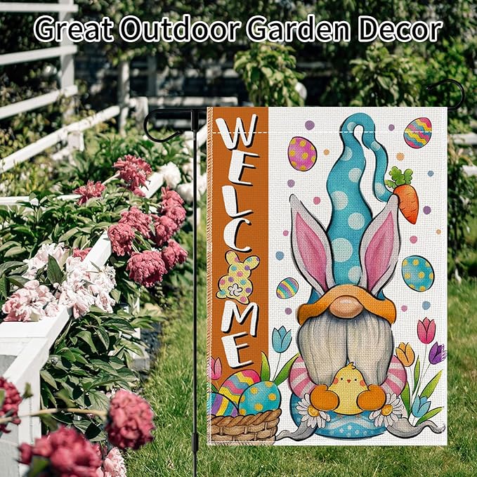 12x18 Inch Easter Garden Flag Double Sided, Bunny Gnomes Yard Flag for Outdoor Decoration