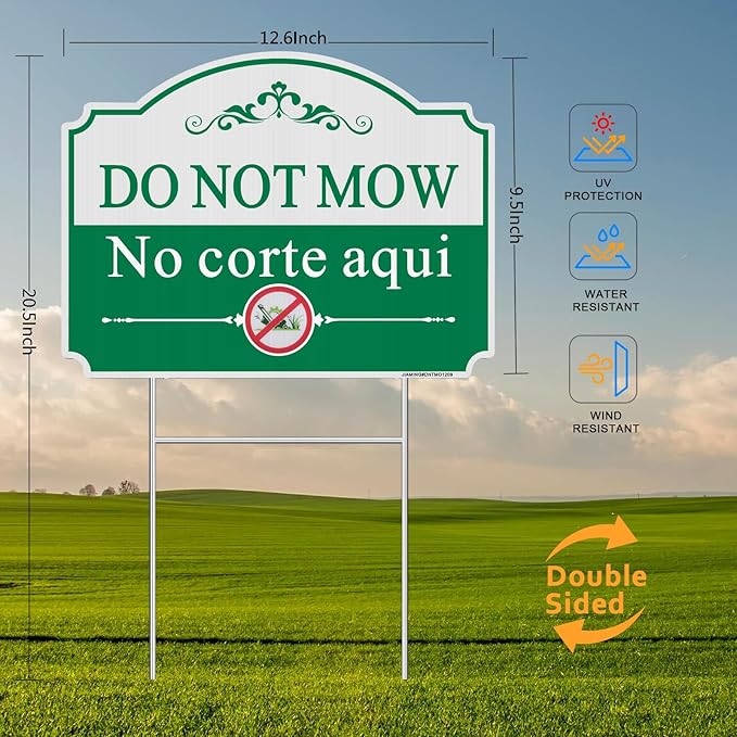 Do Not Mow Yard Sign, Bilingual Plant Garden Sign in English and Spanish, 2 Pack 12.6" x 9.5" No Mowing Outdoor Lawn Sign. Double Sided with Metal Stakes, UV Protected, Weatherproof, Easy to Mount.