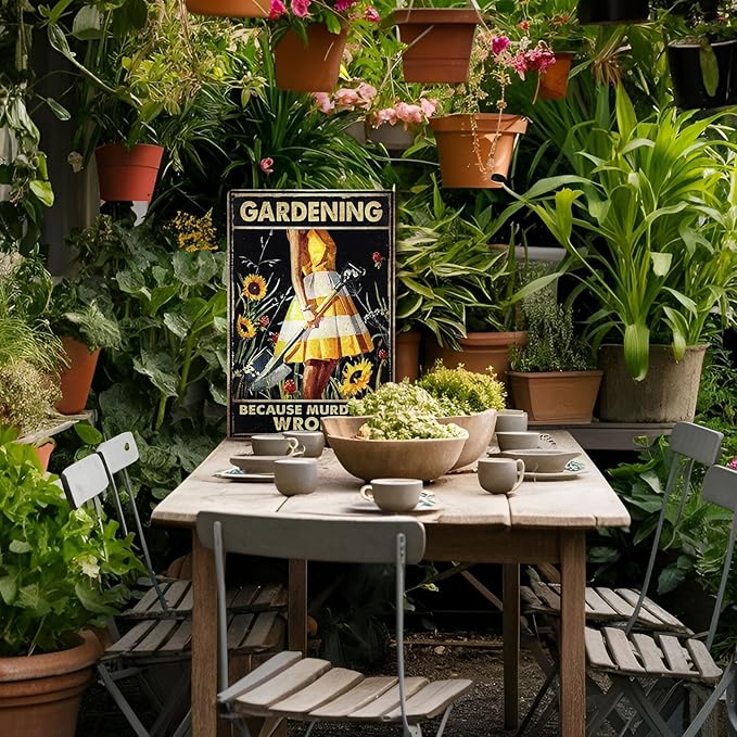 Garden Metal Decor Sign, Gardening Because Murder Is Wrong Vintage Metal Tin Signs, Funny Gardening Gifts for Garden Decorations Outdoor Patio Yard Home Wall Decor, 7.9" X 11.8"