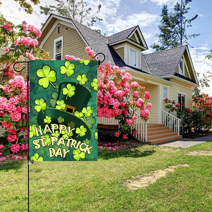 Anley Double Sided Premium Garden Flag, Happy St. Patrick's Day Green Hat with Clover Decorative Garden Flags for Home Decor - Weather Resistant & Double Stitched Yard Flags - 18 x 12.5 Inch