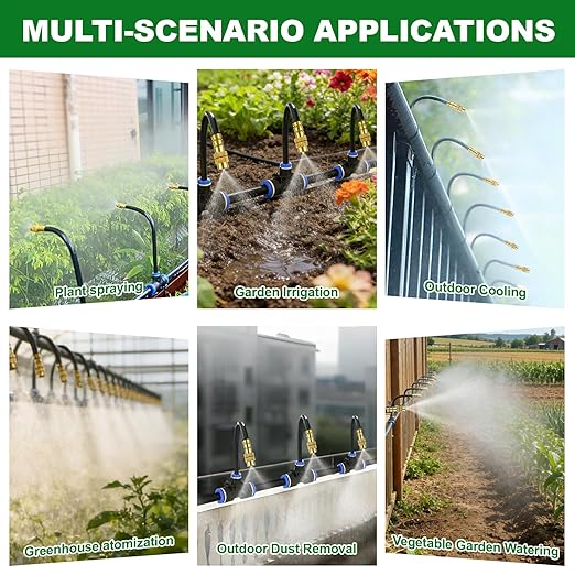 Drip Irrigation System 50FT, 1/4 inch Hose Garden Irrigation Kit with 15pcs 360° Adjustable Copper Nozzles, Upgrade Atomizing Watering System for Yard, Plants, Lawn, Greenhouses Accessories