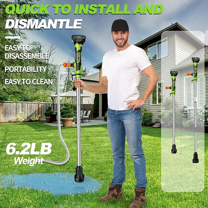 Cordless Stick Water Transfer Pump, Stick Transfer Pump 4.0Ah 21V Battery Powered Portable Water Pump, 720GPH, 33FT Head, Stick Pump Utility with 3/4" Outlet, for Pool/Garden/Rain Barrels
