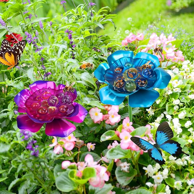 2 Pack Bee Watering Station, Metal Bee Feeder with Glass Marbles, Flower Design Bee Butterfly Watering Station Bee Waterer for Outdoor Garden Courtyard Decor