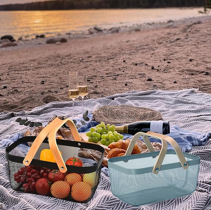 Cheardia 2 Pack Picnic Baskets, Metal Mesh Harvest Basket with Foldable Wooden Handle, Rectangle Garden Storage Basket Bin for Vegetable Fruit Garden Kitchen Cabinet Picking Gathering, Blue
