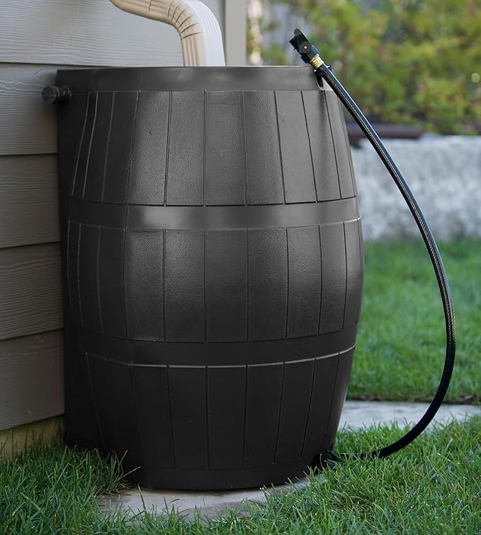 FCMP Outdoor Raincatcher 4000 Rain Barrel, Flat-Back Rainwater Catcher with Spigots, 50 Gallon, Black - Portable Water Storage Container Tank for Home, Garden, and Backyard
