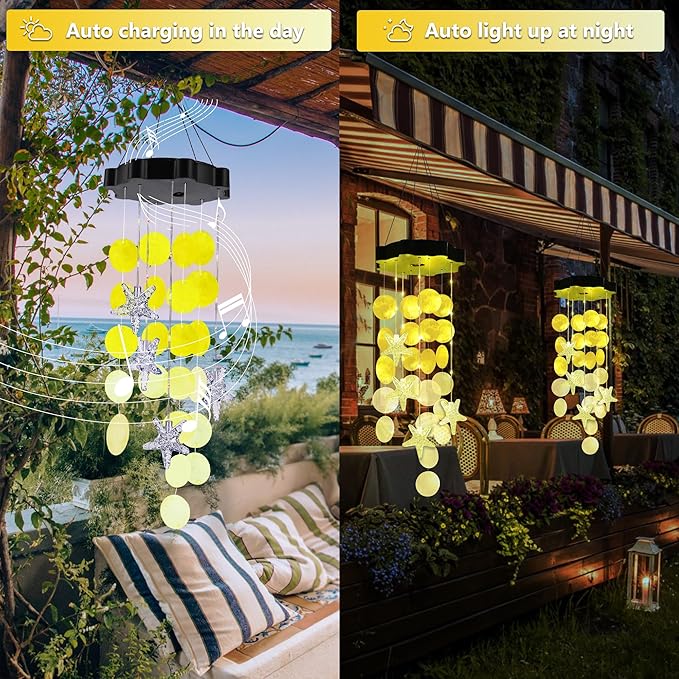 Solar Shell Gift for Mom Grandma Girls, Yellow Solar Wind Chimes for Outside, Outdoor Decorative Mobile Lights for Garden, Yard, Patio, Window, Party, Outdoor Decorations(Warm White)