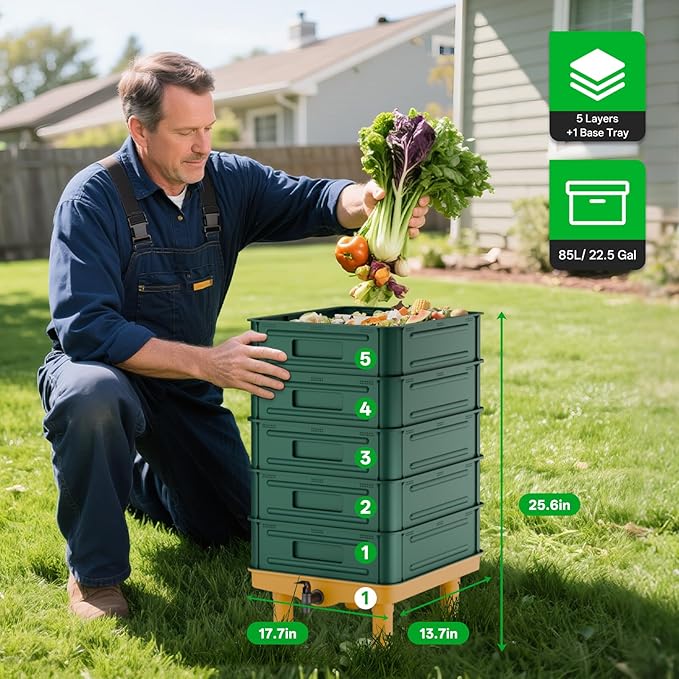 5-Layer Worm Compost Bin, 85L Worm Composter for Indoor & Outdoor, Starter Kits for Vermicomposting Starter, Garden Worm Composting Bin for Recycling Food Waste (Black)