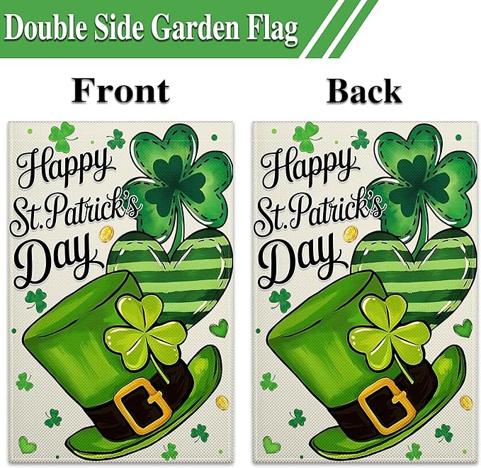 Happy St Patrick'S Day Garden Flag 12×18 Double Sided Shamrocks Garden Flag Clover Hat Gold Coins Flag for Outside Yard House Lawn Outdoor Holiday Sign Decor