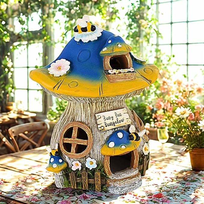 Roman Busy Bee Bungalow Mushroom House Statue, 8.75-inch Height, Resin, Home, Garden, Outdoor