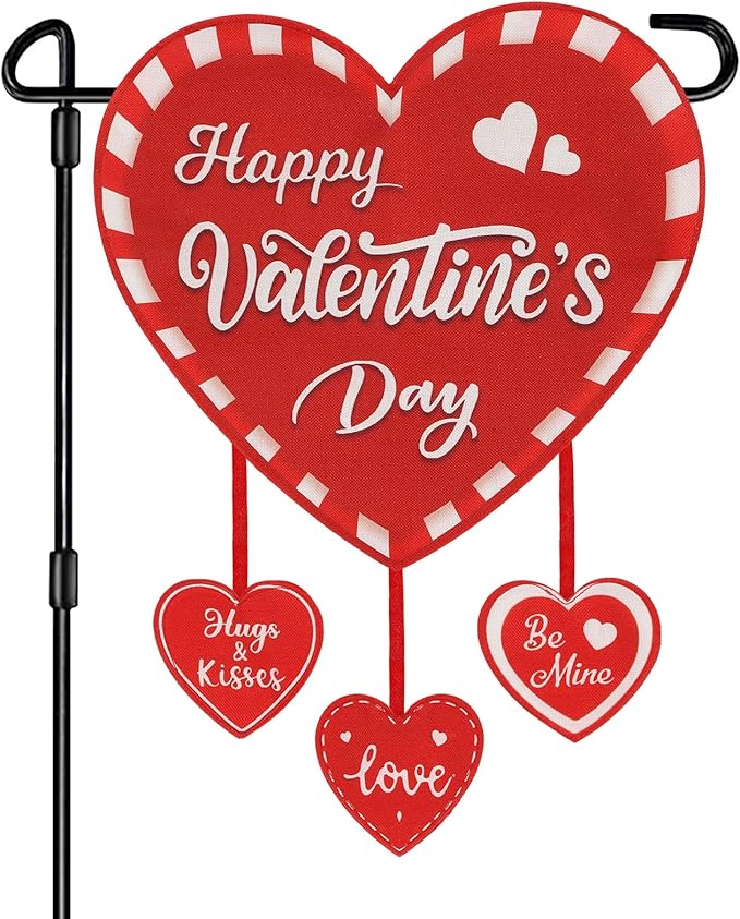 Valentine Garden Flag Banner Outdoor Decorations for Outside Double-Sided Printed, Pink Red White Heart Valentine's Day Yard Flags House Yard Spring Seasonal Decoration 16 x 39.5 Inch Striped Plaid