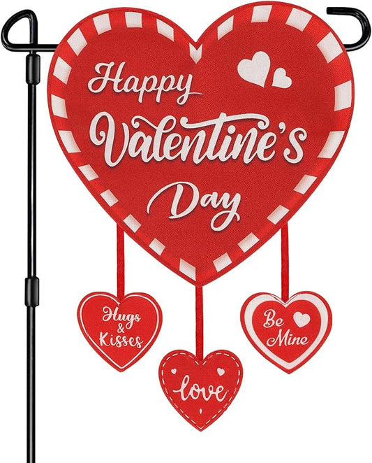 Valentine Garden Flag Banner Outdoor Decorations for Outside Double-Sided Printed, Pink Red White Heart Valentine's Day Yard Flags House Yard Spring Seasonal Decoration 16 x 39.5 Inch Striped Plaid