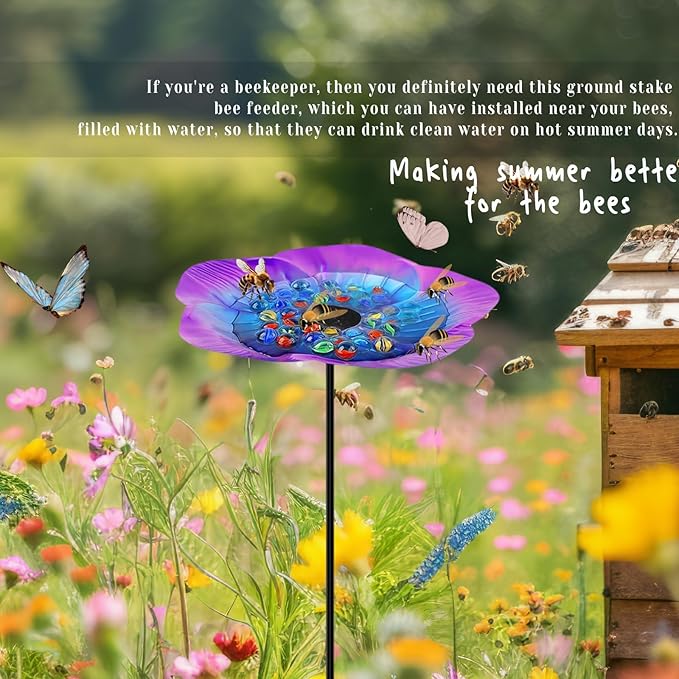 Butterfly Feeder - Outdoor Butterfly Puddler,Bee Cups for Garden with Coloured Glass Stone,garden decor for butterfly feeders for outdoors,Bee Watering Station(Blue/Purple)